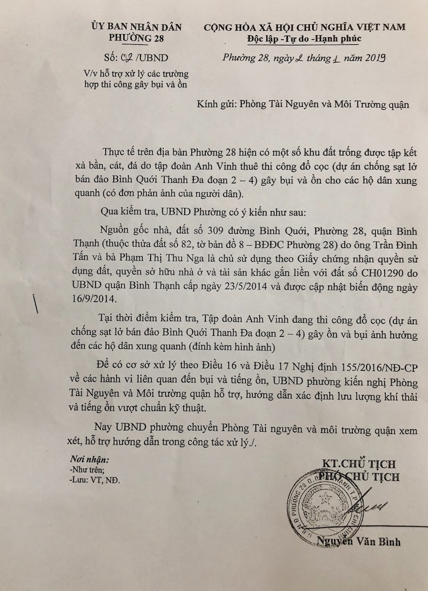 Người[-]dân[-]ở[-]đường[-]Bình[-]Quới,[-]phường[-]28,[-]Quận[-]Bình[-]Thạnh[-]phản[-]ảnh[-]Tập[-]đoàn[-]Anh[-]Vinh[-]thuê[-]mặt[-]bằng[-]thi[-]công[-]gây[-]ô[-]nhiễm